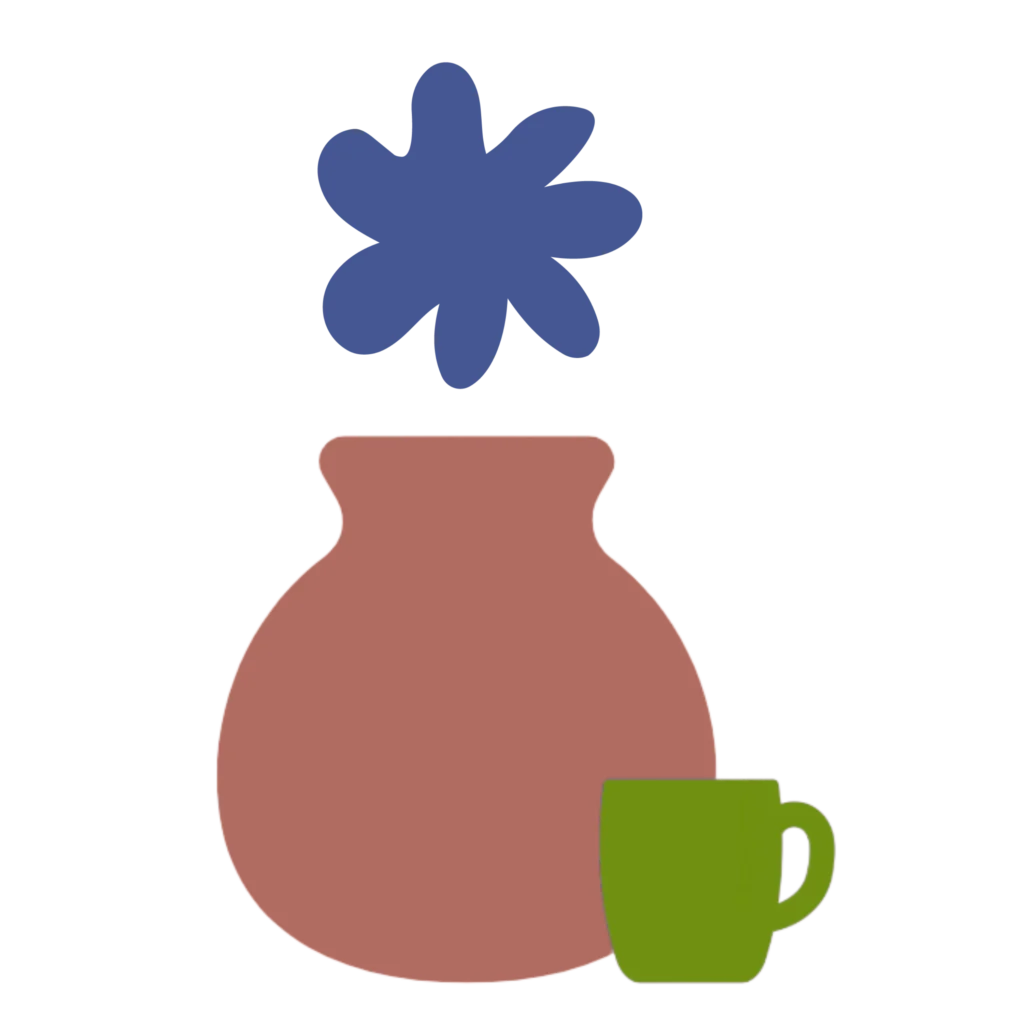 logo atelier papotine fleur bleue pot terracotta et tasse verte